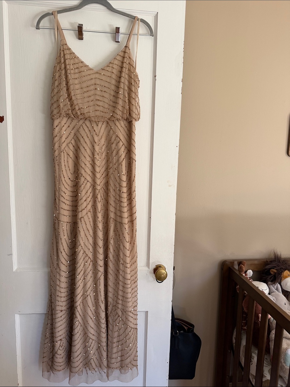 Adrianna Papell Nude-Beige Beaded Spaghetti-Strap Maxi Dress